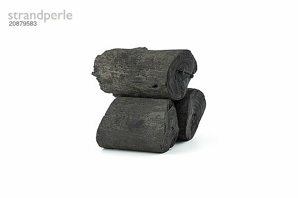 Natural wood charcoal isolated on white background. Pile of coal isolated on white background