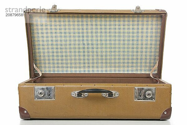 Open suitcase isolated on white. close up