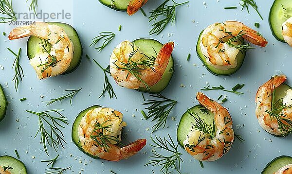 Shrimp and cucumber bites with dill on a light blue background AI generated