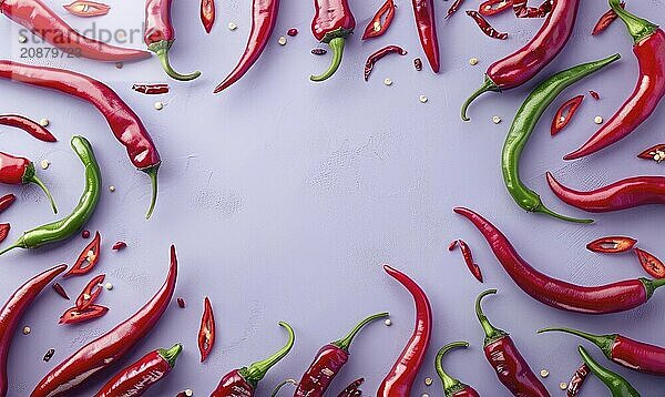 Top view of hot peppers scattered on a purple background AI generated