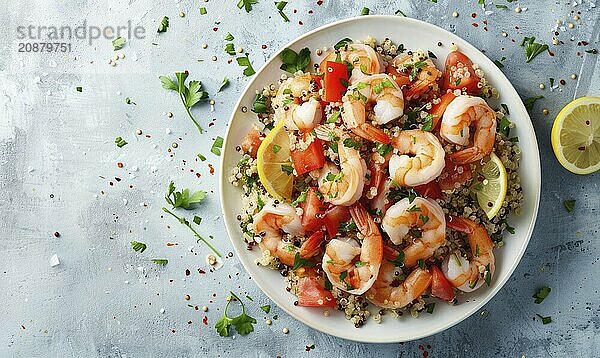 Shrimp and quinoa salad with citrus dressing on a light blue background AI generated