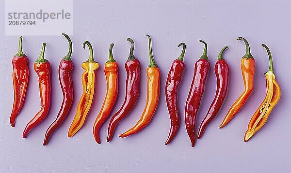 Top view of hot peppers scattered on a purple background AI generated