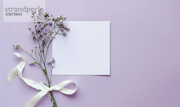 White blank card on a pastel lilac background  with a small bunch of wildflowers and a ribbon AI generated