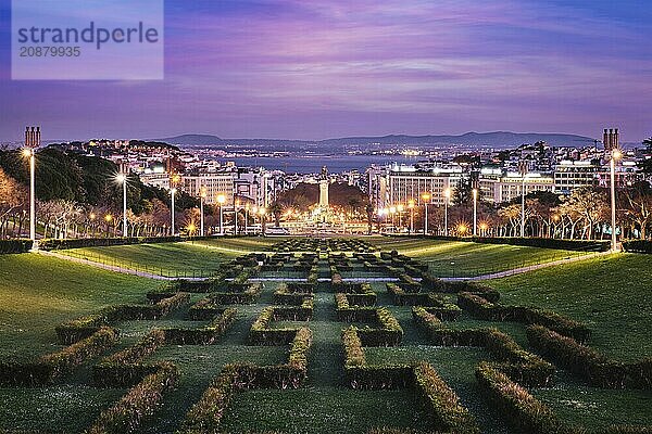 View of Lisbon Marquis of Pombal Square seen from the Eduardo VII Park in the evening twilight. Lisbon  Portugal  Europe