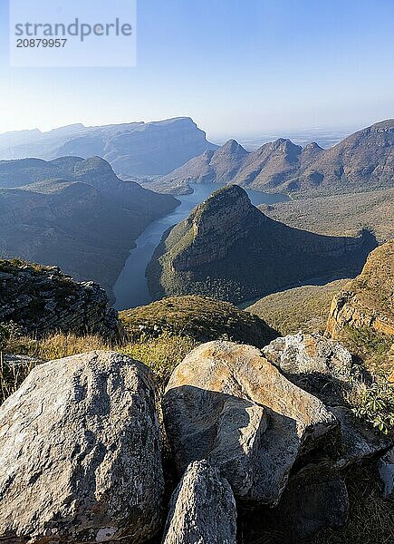 Blyde River Canyon with Three Rondawels peak  view of canyon with Blyde River and Table Mountains  canyon landscape in the evening light  Three Rondavels Viewpoint  Panorama Route  Mpumalanga  South Africa  Africa