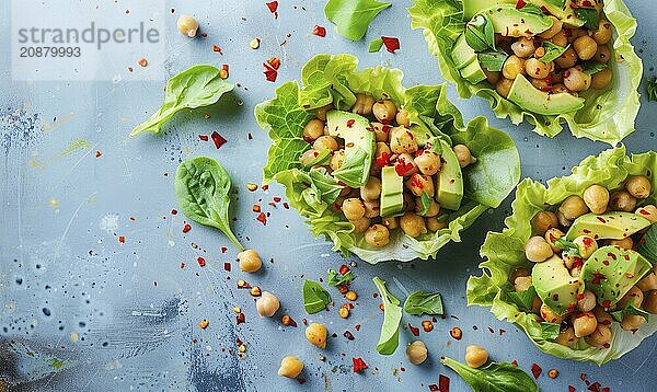 Avocado and chickpea salad in lettuce cups on a light blue background AI generated