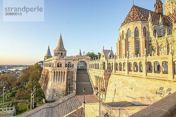 Old historic fortress and church at sunrise. City panorama at dusk. View of the Danube Fishermens Bastion  Halászbástya  Budapest  Hungary  Europe