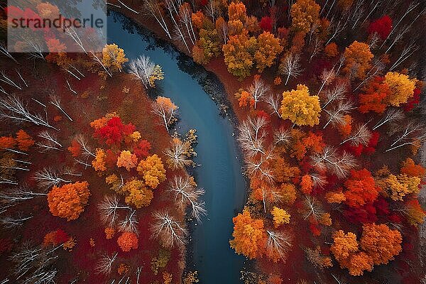 Aerial perspective of an autumn forest with leaves in varying shades of amber red and yellow  AI generated