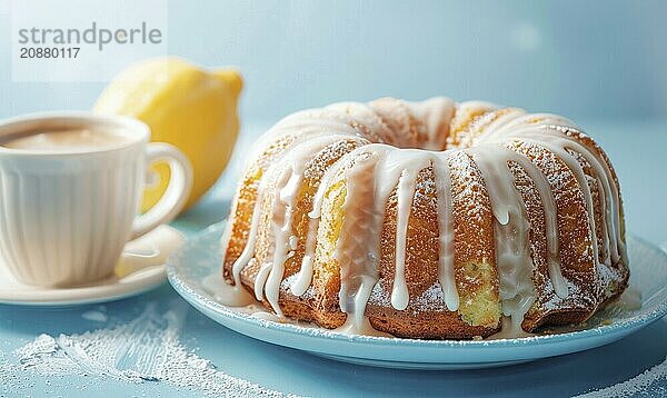 Lemon pound cake with a sugar glaze and a macchiato on a light blue background AI generated