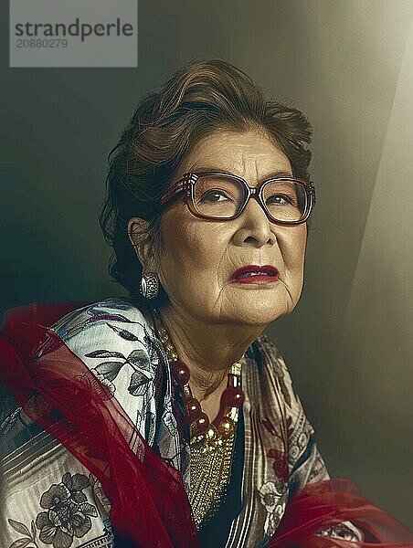 Aged woman in a traditional outfit with floral patterns  wearing glasses and a thoughtful expression under soft lighting  AI generated