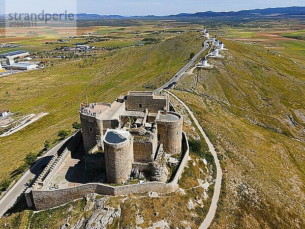 A medieval castle on a hill with sweeping views of the surrounding landscape and historic architecture  aerial view  castle  Toledo  Castilla-La Mancha  Spain  Europe