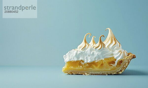 Lemon meringue pie on a light blue background AI generated