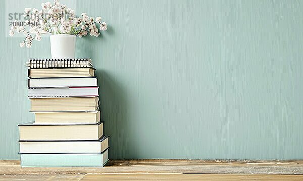 Stack of books on a wooden desk with a pastel mint green background AI generated