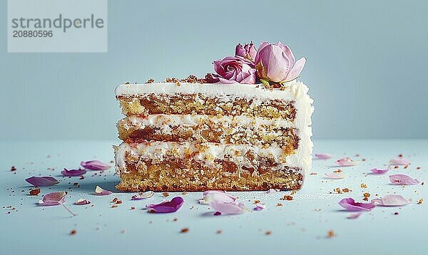 Rosewater honey cake with rose petal garnish on a light blue background AI generated