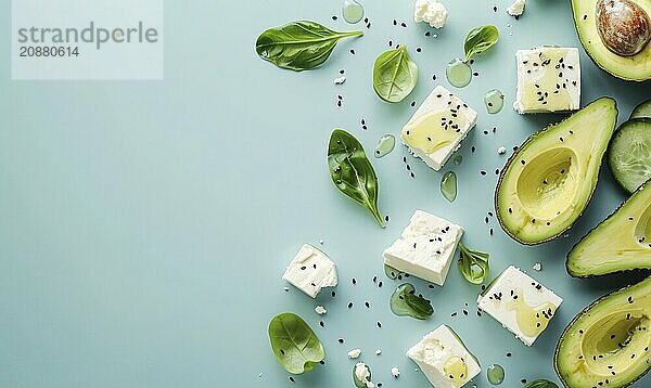 Avocado and feta cheese salad on a light blue background AI generated