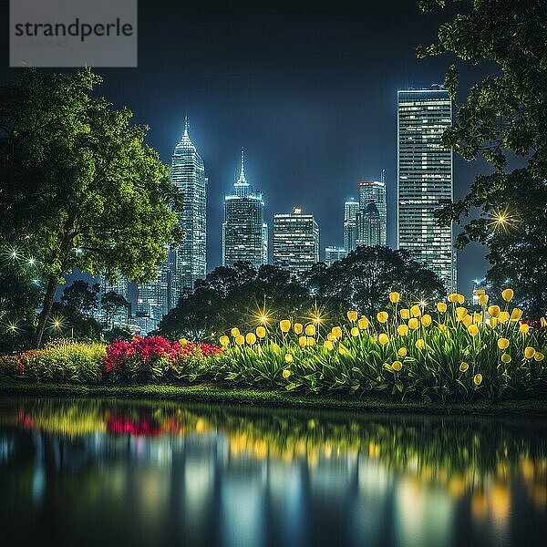 Nighttime cityscape featuring a park with flowers  bright city skyline  and reflections  AI generated