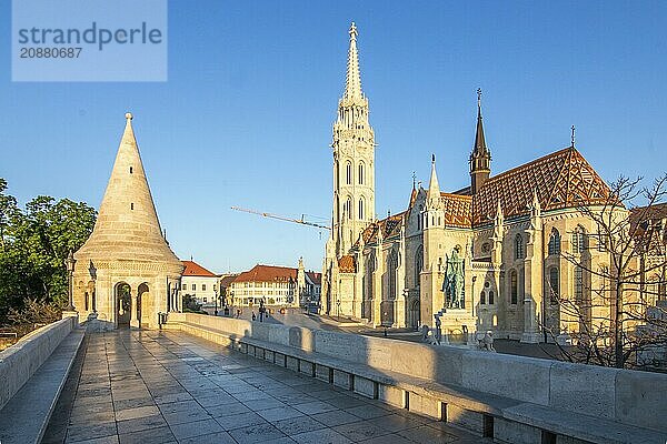 Old historic fortress and church at sunrise. City panorama at dusk. View of the Danube Fishermen's Bastion  Halászbástya  Budapest  Hungary  Europe