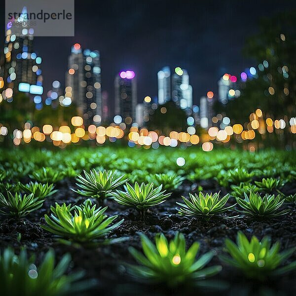 Lush green plants glow under city lights with a towering skyline in the background  AI generated