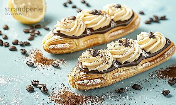 Lemon and coffee eclairs with coffee cream on a light blue background AI generated