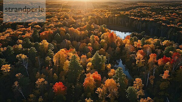 Aerial perspective of an autumn forest with leaves in varying shades of amber red and yellow  AI generated