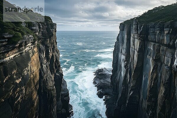 Dramatic view of lush undulating cliffs with breaking ocean waves  AI generated