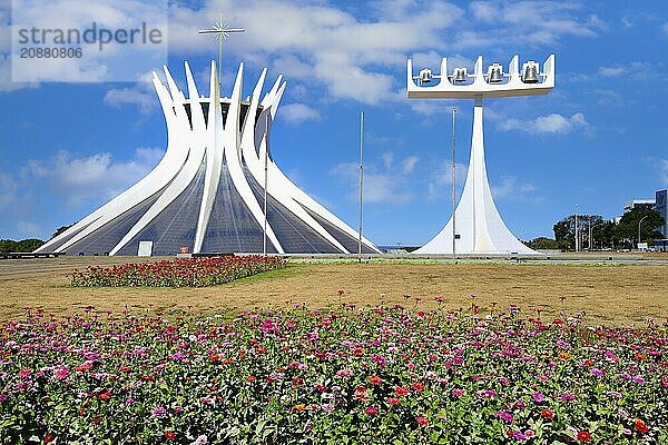 Roman Cathedral of Brasilia or Metropolitan Cathedral and Bell Tower  designed by Oscar Niemeyer  Brasília  World Heritage Site  Brasilia  Federal district  Brazil  South America