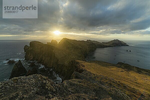 Sao Lourence Eastern Part of Madeira Island at Sunrise. Abismo Viewpoint. Cliffs  Mountains and Ocean. Portugal. Ultra Wide Angle Shot