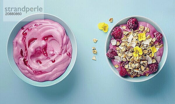 Mixed berry smoothie bowl with granola on a light blue background AI generated