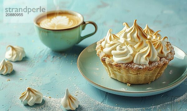 Lemon meringue pie with a cup of coffee on a light blue background AI generated