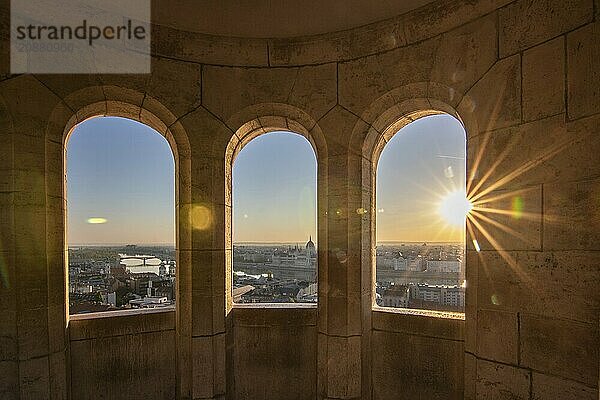 Old historic fortress and church at sunrise. City panorama at dusk. View of the Danube Fishermens Bastion  Halászbástya  Budapest  Hungary  Europe