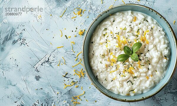 Spanish arroz con leche with citrus zest on a light blue background AI generated