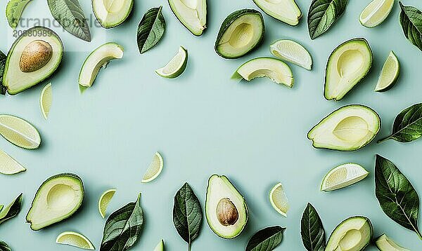 Sliced avocado with leaves on a light blue background AI generated