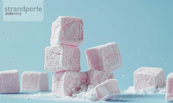 Rose-flavored marshmallows on a light blue background AI generated