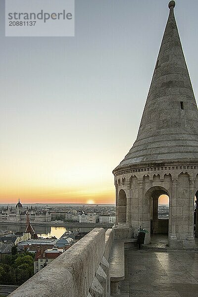 Old historic fortress and church at sunrise. City panorama at dusk. View of the Danube Fishermens Bastion  Halászbástya  Budapest  Hungary  Europe