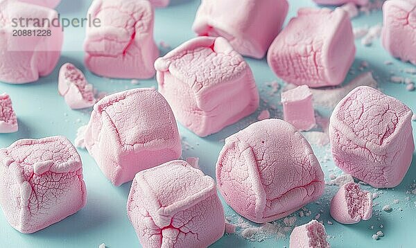 Rose-flavored marshmallows on a light blue background AI generated