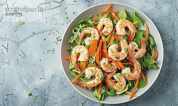 Shrimp and carrot salad with ginger dressing on a light blue background AI generated