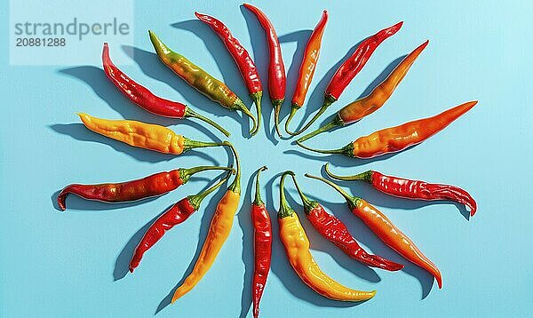 Top view of a mixed chili peppers  arranged in a sunburst pattern on a blue background AI generated