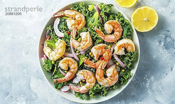 Shrimp and kale salad with lemon vinaigrette on a light blue background AI generated