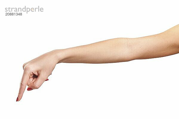 A woman presses a finger .. Concept. Isolated on white