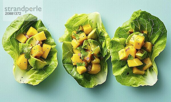 Avocado and mango salsa on endive leaves on a light blue background AI generated