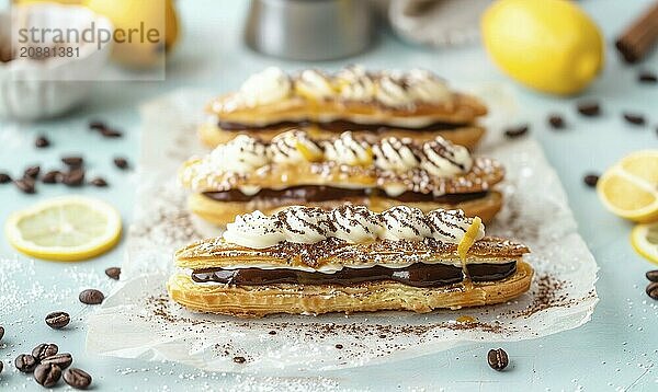 Lemon and coffee eclairs with coffee cream on a light blue background AI generated