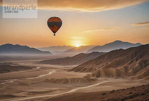 A hot air balloon glides over a desert landscape during a picturesque sunset  AI generated