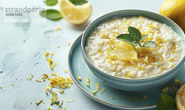 Spanish arroz con leche with citrus zest on a light blue background AI generated