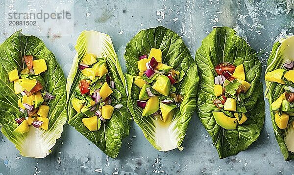 Avocado and mango salsa on endive leaves on a light blue background AI generated