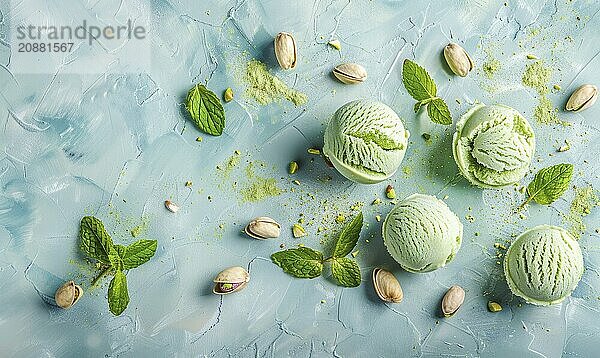 Pistachio sorbet with mint leaves on a light blue background AI generated