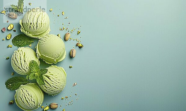 Pistachio sorbet with mint leaves on a light blue background AI generated