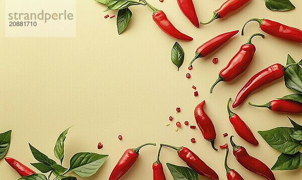 Top view of hot peppers scattered on a yellow background AI generated