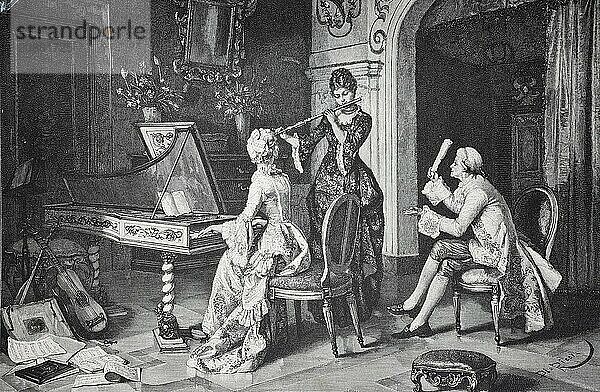 Music lessons  Women and a man playing musical instruments in an elegant baroque parlour  Historic  digitally restored reproduction from a 19th century original  Record date not stated