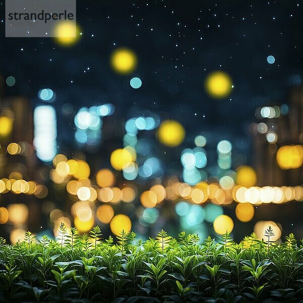 Urban night setting with bokeh lights  stars in the sky  and green plants in the foreground  AI generated