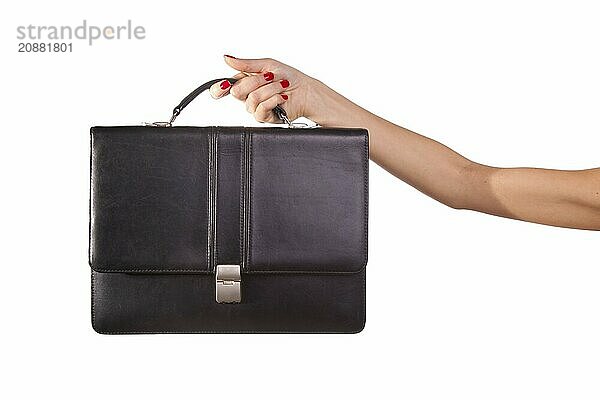 Woman hands and suitcase. Isolated on white